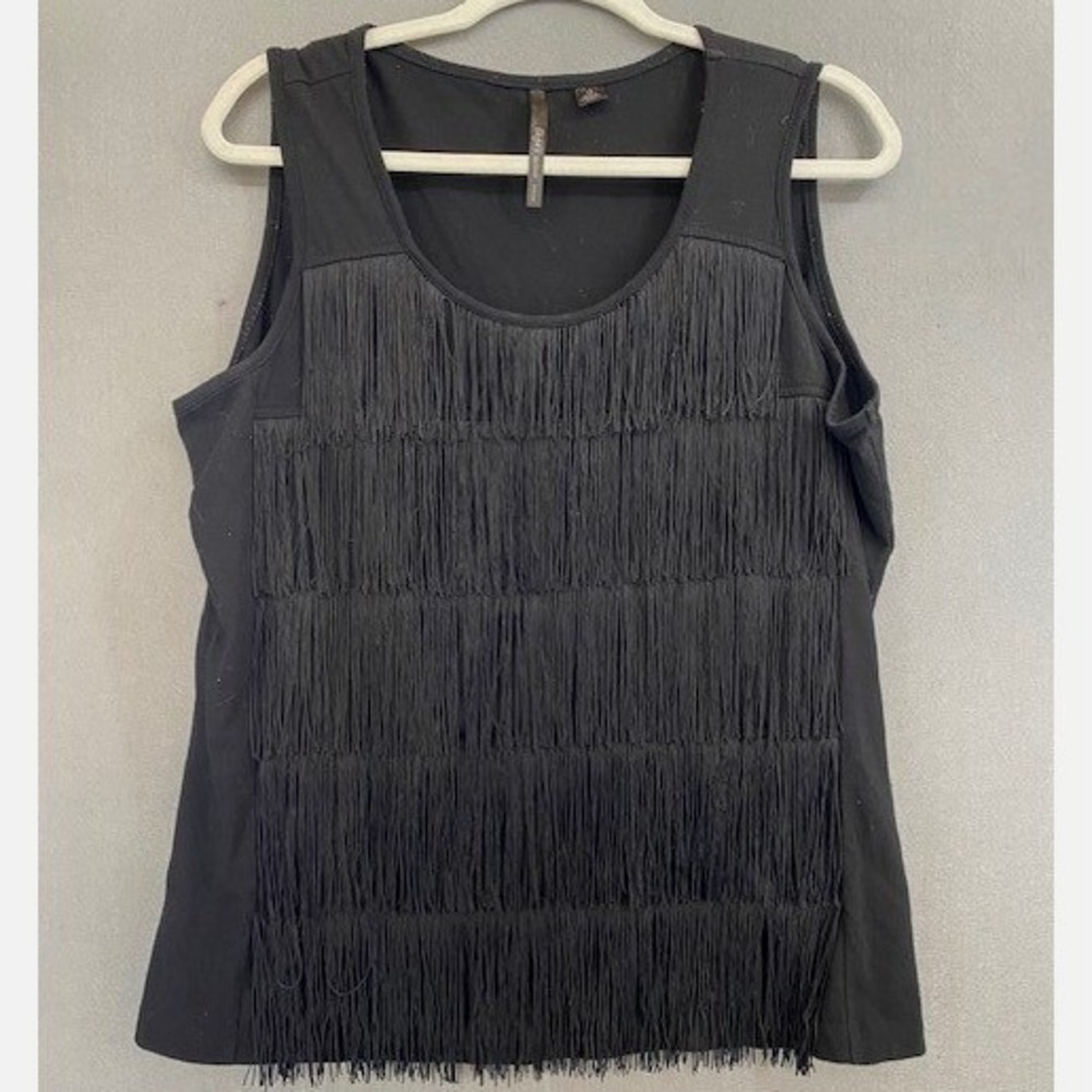 Skye's‎ the Limit Womens 1X Black Tiered Fringe Sleeveless Scoop Neck Tank Top
